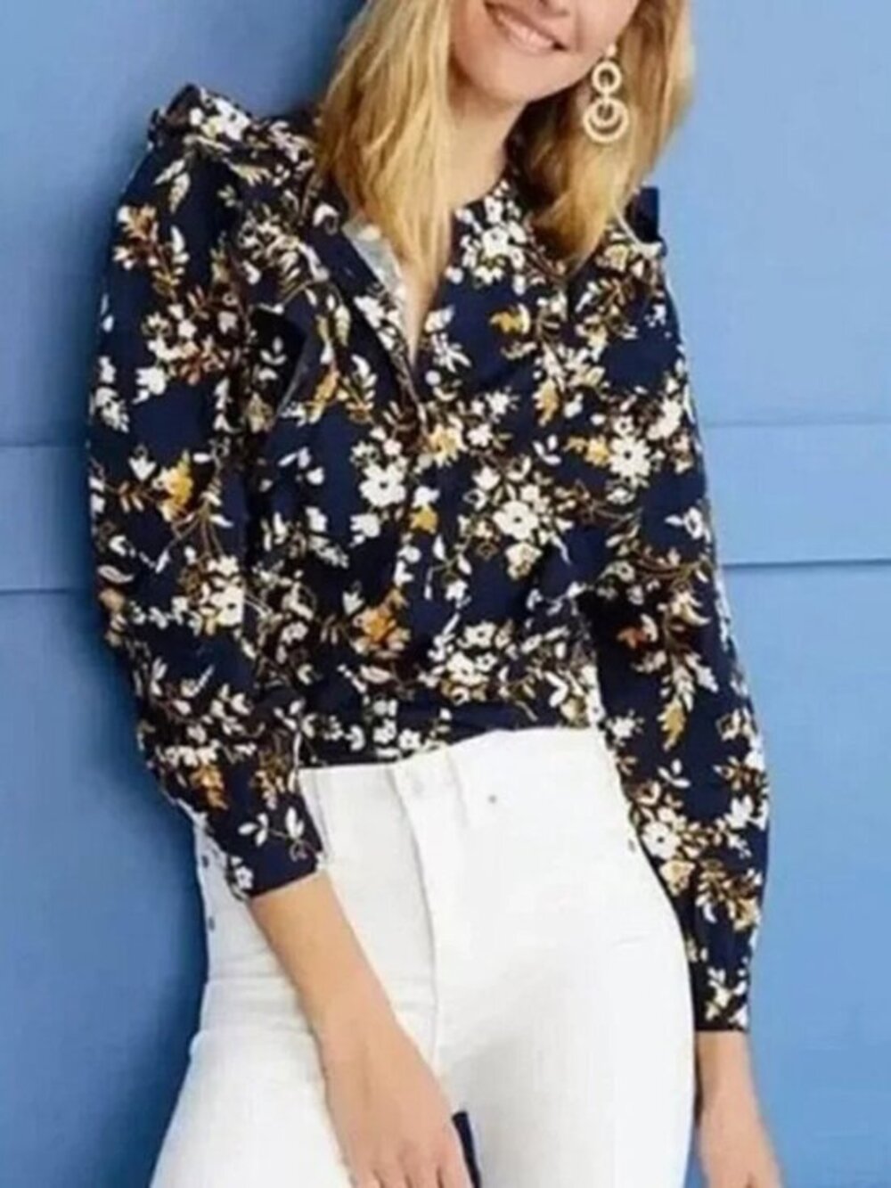 New J.Crew Floral Cotton Ruffle Blouse Navy Mustard XXS